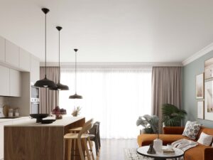 Miniaturka 16 - Czarne lampy wiszące z płaskimi kloszami w aranżacji kuchni z salonem