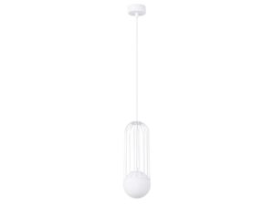 Miniaturka 18 - Lampa wisząca biała z klatką i kulą szklaną na białym tle