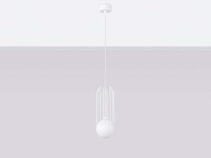 Miniaturka 2 - Biała lampa wisząca z metalową klatką i szklaną kulą na szarym tle