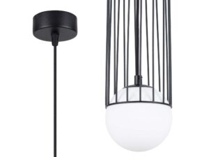 Miniaturka 8 - Lampa wisząca czarna z metalową klatką i szklaną kulą zbliżenie