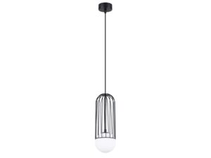 Miniaturka 18 - Lampa wisząca czarna z klatką i kulą szklaną na białym tle