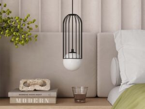 Miniaturka 15 - Czarna lampa wisząca z klatką w aranżacji sypialni przy stoliku nocnym