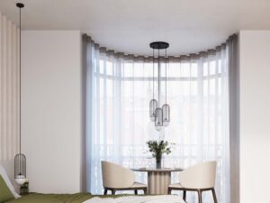 Miniaturka 14 - Lampy wiszące czarne z klatkami w aranżacji jadalni przy dużym oknie