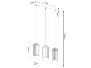 Miniaturka 17 - Schemat wymiarów lampy wiszącej trójpunktowej z klatkami 50x12x115cm