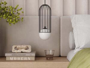 Miniaturka 14 - Czarna lampa wisząca z klatką w aranżacji sypialni przy stoliku nocnym