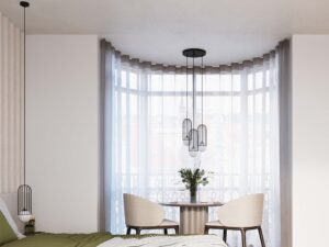Miniaturka 15 - Lampy wiszące czarne z klatkami w aranżacji jadalni przy dużym oknie