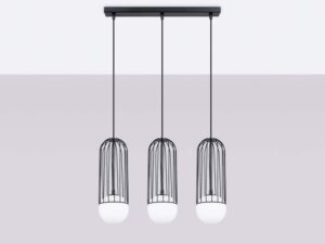 Miniaturka 2 - Czarna lampa wisząca trójpunktowa z klatkami i kulami na szarym tle