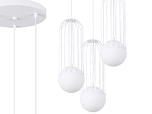 Miniaturka 1 - Biała lampa wisząca czteropunktowa z klatkami i kulami na szarym tle