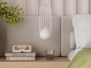 Miniaturka 21 - Lampa wisząca biała z klatką w aranżacji sypialni przy stoliku nocnym