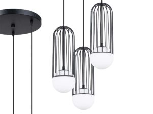 Miniaturka 1 - Lampa wisząca trójpunktowa czarna z okrągłą podsufitką i klatkami zbliżenie