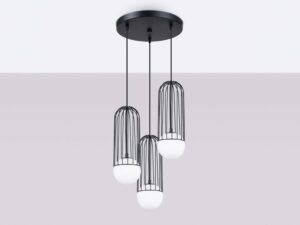 Miniaturka 3 - Czarna lampa wisząca trójpunktowa z okrągłą podsufitką na szarym tle