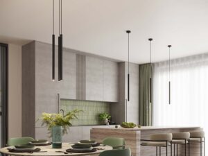 Miniaturka 17 - Jednopunktowe lampy wiszące czarne w aranżacji jadalni z kuchnią otwartą