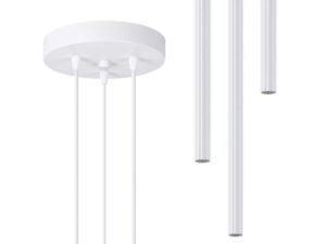 Miniaturka 1 - Detal okrągłej podstawy sufitowej lampy wiszącej białej z trzema zawieszeniami