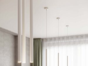 Miniaturka 16 - Lampy wiszące białe z ryflowanymi kloszami w aranżacji nowoczesnego wnętrza