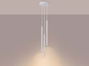 Miniaturka 3 - Lampa wisząca trójpunktowa biała z cylindrycznymi kloszami świecąca ciepłym światłem