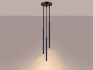 Miniaturka 3 - Lampa wisząca trójpunktowa czarna z cylindrycznymi kloszami świecąca ciepłym światłem