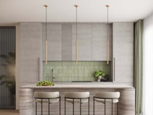 Miniaturka 15 - Złote lampy wiszące jednopunktowe w aranżacji nowoczesnej kuchni z wyspą