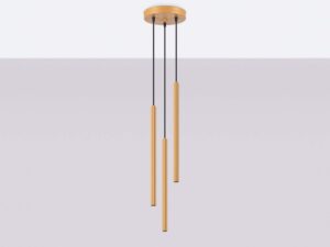 Miniaturka 2 - Złota lampa wisząca trójpunktowa z cylindrycznymi kloszami w aranżacji sufitu