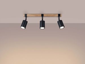 Miniaturka 2 - Czarne reflektory sufitowe na drewnianej listwie z włączonym światłem