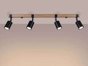Miniaturka 2 - Czteropunktowa lampa sufitowa z drewnem i czarnymi spotami świecąca