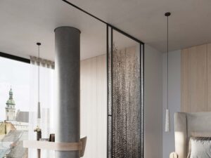 Miniaturka 13 - Betonowa lampa wisząca w aranżacji nowoczesnej sypialni przy łóżku