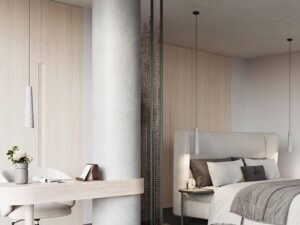 Miniaturka 14 - Dwie lampy wiszące betonowe w stylowym wnętrzu z biurkiem i sypialnią