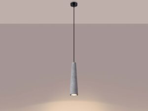 Miniaturka 3 - Włączona lampa stożkowa z szarego betonu emitująca ciepłe światło