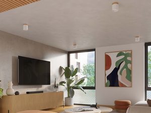 Miniaturka 11 - Aranżacja salonu z białymi lampami sufitowymi natynkowymi na suficie