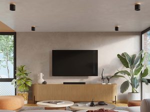 Miniaturka 11 - Czarne lampy sufitowe z drewnianym wykończeniem w aranżacji salonu