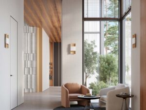 Miniaturka 12 - Kinkiety biało-złote w aranżacji nowoczesnego salonu z wysokimi oknami