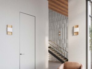 Miniaturka 13 - Biało-złote kinkiety ścienne w holu ze schodami i drewnianym sufitem