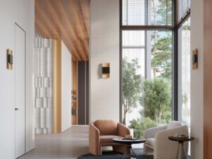 Miniaturka 12 - Kinkiety czarno-złote w aranżacji jasnego salonu z panoramicznymi oknami