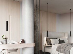 Miniaturka 15 - Lampy stożkowe z czarnego betonu w sypialni nad łóżkiem i biurkiem