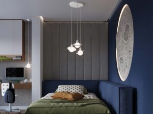 Miniaturka 13 - Trzy lampy wiszące Saturn białe w aranżacji pokoju dziecięcego z motywem kosmosu