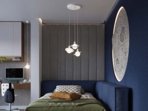 Miniaturka 16 - Lampa sufitowa potrójna Saturn biała w aranżacji pokoju dziecięcego z motywem kosmosu