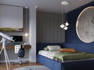 Miniaturka 15 - Potrójna lampa sufitowa Saturn biała w aranżacji pokoju dziecięcego z teleskopem