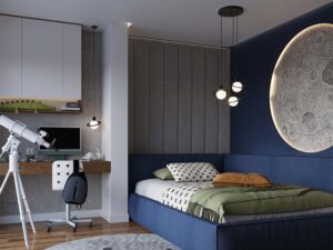 Miniaturka 16 - Trzy lampy wiszące Saturn czarne w aranżacji pokoju dziecięcego z motywem kosmosu