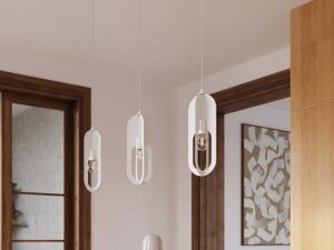 Miniaturka 16 - Trzy lampy wiszące białe z owalnymi kloszami ażurowymi w aranżacji jadalni