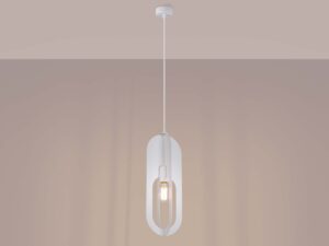 Miniaturka 3 - Lampa wisząca biała z owalnym kloszem ażurowym ze świecącą żarówką