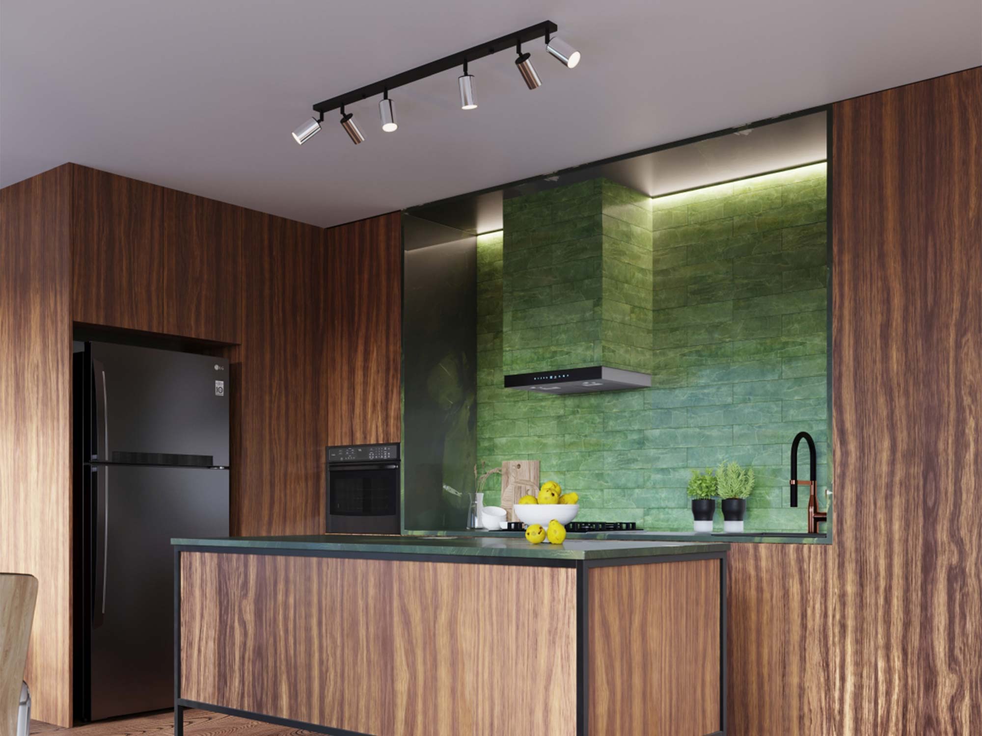 Plafon czarno-chromowany sześciopunktowy w aranżacji nowoczesnej kuchni z wyspą Plafon czarno-chromowany sześciopunktowy w aranżacji nowoczesnej kuchni z wyspą