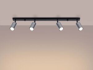 Miniaturka 3 - Plafon czteropunktowy czarno-chromowany z listwą świecący ciepłym światłem