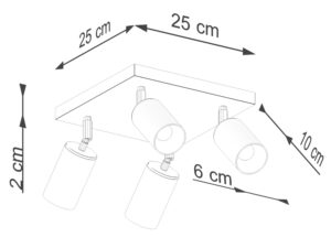 Miniaturka 7 - Schemat wymiarów plafonu sufitowego czteropunktowego czarno-miedzianego 25x25x2cm