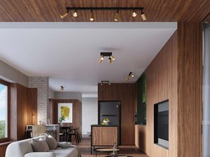 Miniaturka 12 - Złote reflektory sufitowe na czarnej szynie w nowoczesnym salonie