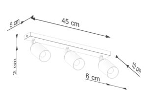 Miniaturka 8 - Schemat wymiarów plafonu sufitowego trójpunktowego czarno-złotego 45x5x10cm