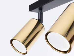 Miniaturka 4 - Detal dwóch złotych reflektorów cylindrycznych plafonu sufitowego zbliżenie