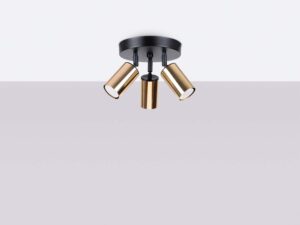 Miniaturka 1 - Plafon sufitowy trójpunktowy czarno-złoty świecący ciepłym światłem