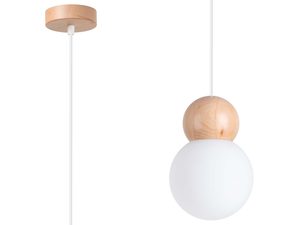 Miniaturka 1 - Lampa wisząca z drewnianą kulą i białym kloszem szklanym kulistym