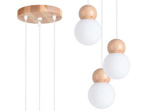 Miniaturka 1 - Lampa wisząca potrójna z białymi szklanymi kloszami i drewnianymi kulami