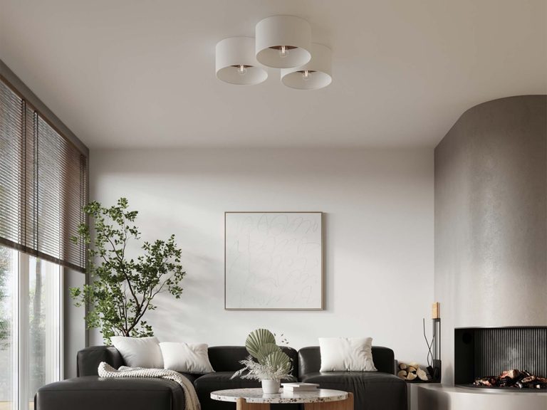 Minimalistyczny salon z kominkiem w stylu japandi