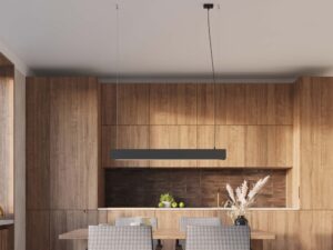 Miniaturka 14 - Lampa wisząca liniowa LED czarna w aranżacji kuchni z drewnem